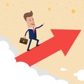 Businessman ride growth arrow graph on cloud get a lot of money. Success concept. Vector Illustration.