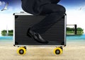 Businessman Ride on suitcase to the beach