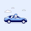 Businessman rides in the car. Cartoon character thin line style vector.