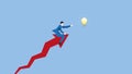 A businessman rides on a rising arrow rocket, reaching for a light bulb