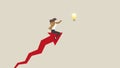 A businessman rides on a rising arrow rocket, reaching for a light bulb