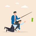 Businessman riding on back of another businessman or employee by giving money as a bait, modern slavery in the business world