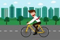 Businessman riding a bicycle in green city