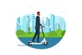 Businessman riding electric kick scooter. Activity lifestyle moving concept on big city street. Vector illustration