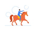 Businessman Riding Horse And Showing Direction With Index Finger. Business Competition And Leadership Concept