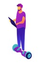Businessman riding hoverboard and working on tablet isometric 3D illustration.