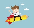 Businessman riding pencil rocket go to target