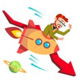 Businessman Riding A Rocket Falls Down On Background Of Falling Red Arrow Vector. Illustration Royalty Free Stock Photo