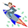 Illustration with Businessman riding a rocket goes up on the background money , the concept of success,on white background , iso