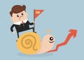 Businessman riding Snail slowly walk on arrow growth.