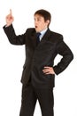 Businessman with rised finger. Idea gesture.