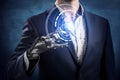 Businessman with robot hand touches virtual icon. 3d rendering.