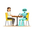 Businessman and robot playing chess vector Illustration