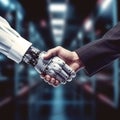 Businessman and robot's handshake with holographic Earth globe on background. Artificial intelligence technology