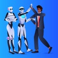 businessman and robots giving each other high five during meeting agreement partnership artificial intelligence