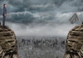 businessman in a rock and the checker flag in front . city back Royalty Free Stock Photo