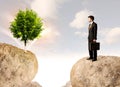 Businessman on rock mountain with a tree Royalty Free Stock Photo