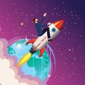Businessman on a rocket fly through sky. Start up, goal achievement metaphors. Space stars, Earth background. Vector Royalty Free Stock Photo