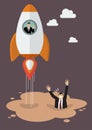 Businessman on a rocket get away from puddle of quicksand