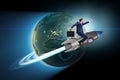 The businessman on the rocket in global business concept Royalty Free Stock Photo