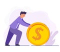 Businessman rolling coin. Investing money concept. Successful businessman pushing golden dollar.illustration.