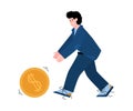 Businessman rolling huge golden coin flat cartoon vector illustration isolated.
