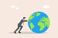 Businessman rolling the planet, business concept, vector illustration