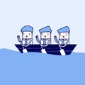 Businessman rowing team, Teamwork concept. Cartoon character thin line style vector