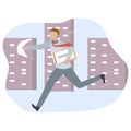 Businessman run holding a lot of documents in his hands. Concept of busy businessman. Vector illustration