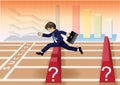 Businessman run and jump over obstacles to success line