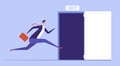 Businessman run to open exit door. Emergency escape and evacuation from office vector business concept