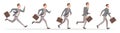 Businessman running. Active manager fast walking or running with suitcase exact vector hurry character in action poses