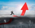 Businessman running arrow up bending trend line with sunny storm Royalty Free Stock Photo