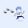 Businessman running away from dangerous insects. Cartoon character thin line style vector