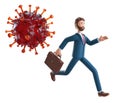 Businessman running away from the huge coronavirus bacteria. 3D illustration of cute cartoon panic man isolated on white