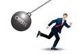 A businessman running away from a large iron ball with a word CRISIS swinging on a chain. crisis return. Financial trouble