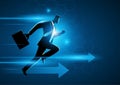 Businessman running with briefcase with modern technology theme