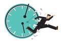 Businessman running with a broken clock behind. Concept of time management or urgency