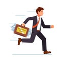 Businessman running with business plan in suitcase