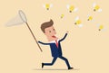 Businessman running with butterfly net catching light bulbs which are flying in the air. Idea business concept. Vector illustratio Royalty Free Stock Photo
