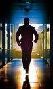 Businessman running in a corporate building corridor hallway Royalty Free Stock Photo