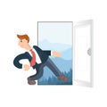 Businessman running exit door vacation