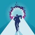 Businessman running into fire hole. Business Vector Illustration