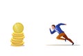Businessman running forward money coin stack growth wealth concept man hurry payment cash motivation leadership male
