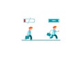 Businessman running with full of energy battery and tired businessman slowly walking with low energy battery icon. Business Royalty Free Stock Photo