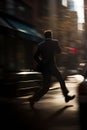 Businessman running - speeding away in a city street - action packed thriller