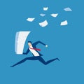 Businessman running with stack of paperwork in hand. Time pressure, stress, overworked and deadline concept.