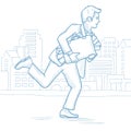 Businessman running with suitcase full of money.