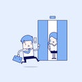 Businessman running to elevator and elevator is closing. Cartoon character thin line style vector.