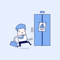 Businessman are running to the elevator. But the elevator is out of service. Cartoon character thin line style vector. Royalty Free Stock Photo